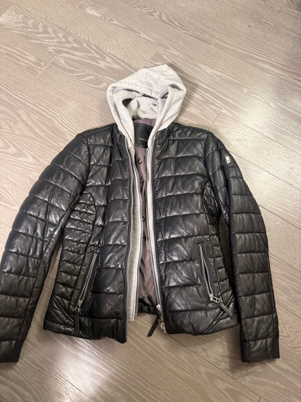 Women's Black Quilted Faux Leather Jacket with Gray Hooded Liner